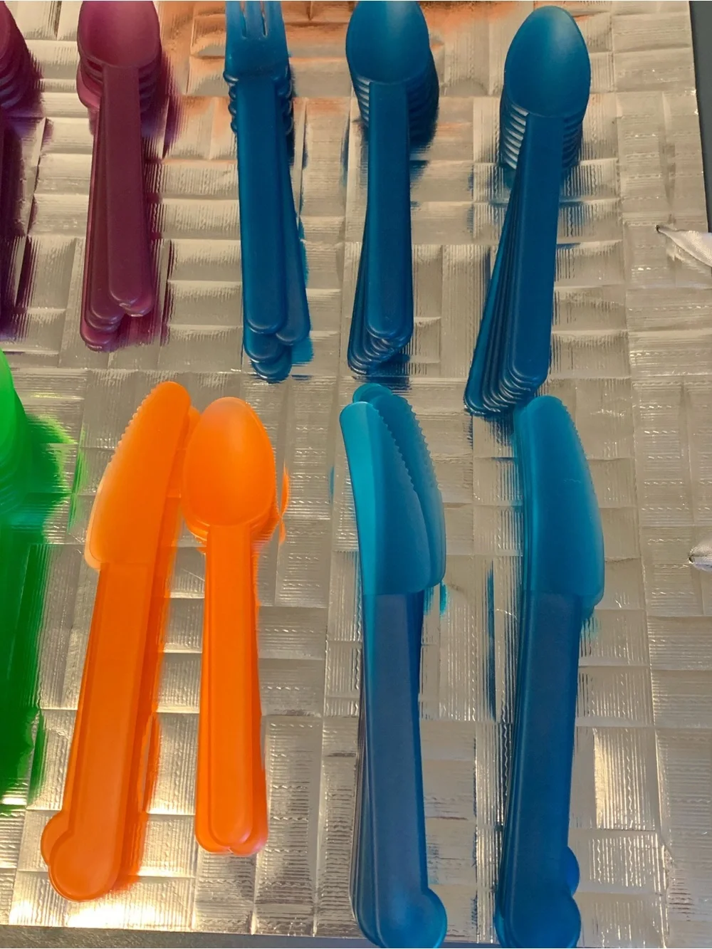 Vintage Tupperware Reusable Plastic Flatware Set Blue Green Purple Orange 100pc